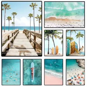 Sea Wave Surfing Beach Car Lighthouse Palm Landscape Posters and Prints Canvas Printing Wall Art Picture for Living Room Decor