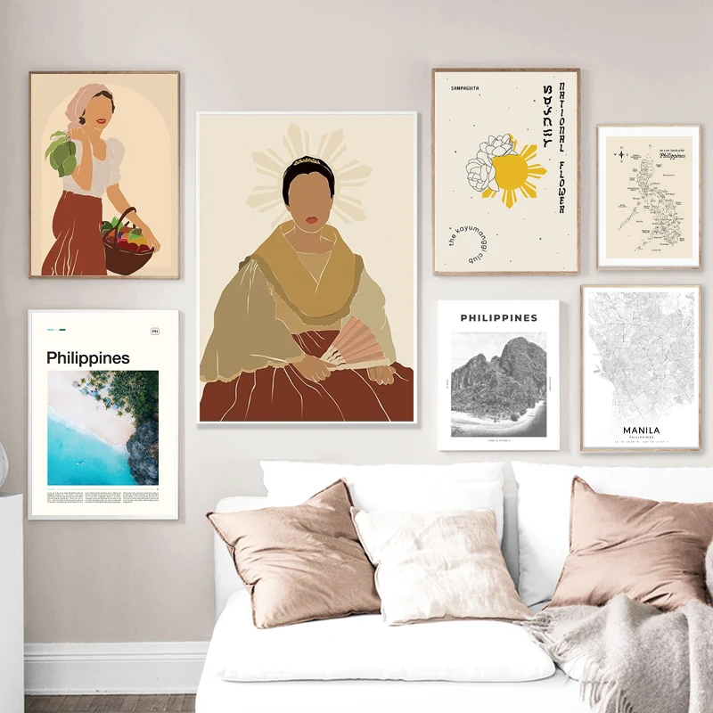Philippines Map Poster Filipino Woman Print Asian Culture Wall Art Canvas Painting Philippines Sun Pictures Vintage Boho Decor