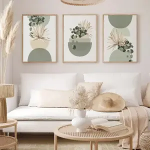 Boho Green Beige Half Circle Colour Block Poster Sage Mid Century Bohemian Canvas Painting Fresh Bedroom Frameless Wall Art