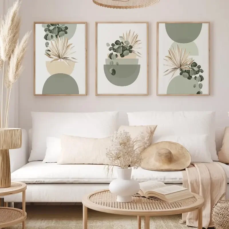 Boho Green Beige Half Circle Colour Block Poster Sage Mid Century Bohemian Canvas Painting Fresh Bedroom Frameless Wall Art