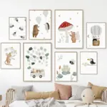 Boho Bear Hedgehog Panda Toucan Car Balloon Cartoon Posters Prints Canvas Painting Wall Art Pictures Kids Room Home Decor