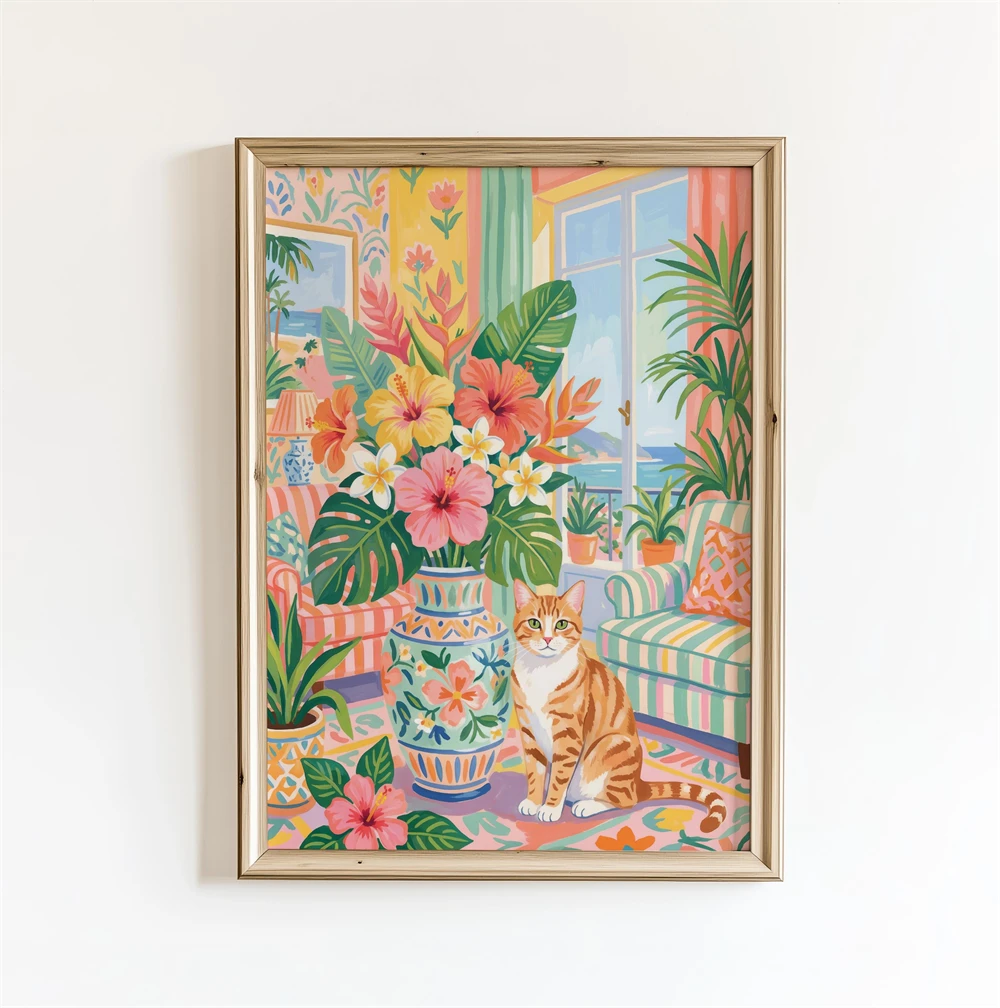 Moonlit Window Daydream Cat Wall Art Poster Tropical Bathroom Decor Colorful Floral Night Illustration Poster - Image 4