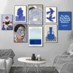 Abstract Blue Geometric Face Lines Canvas Painting Curve Girl Vase Dove Wall Art Posters Print Picture Nordic Bedroom Home Decor