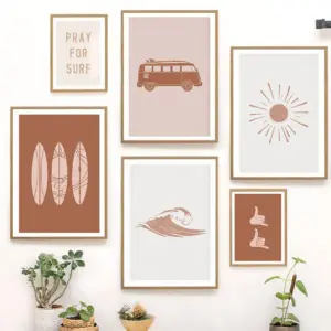 Abstract Surf  Board Wave Palm Trees Sun Posters Prints Boho Beach Canvas Painting Wall Art Pictures Living Room Home Decor