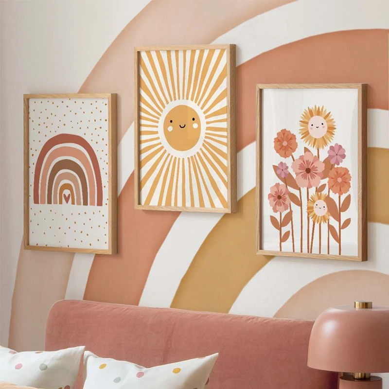 Colorful Rainbow Sun Cloud Flower Poster Prints Boho Style Wall Art Canvas Painting for Child Nursery Girl Room Decoration - Image 2