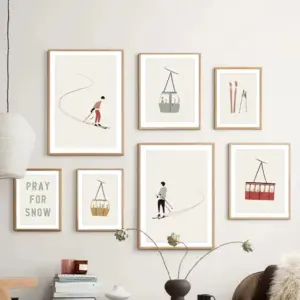 Winter skiing sports cable car aesthetic poster Nordic minimalist winter snow scenery figure canvas painting art home room decor