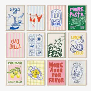 Italy Summer Wall Art Set of 12 Prints Dolce Vita Kitchen Decor Bar Cart Wall Art Amalfi Coast Room Decor Eclectic Gallery