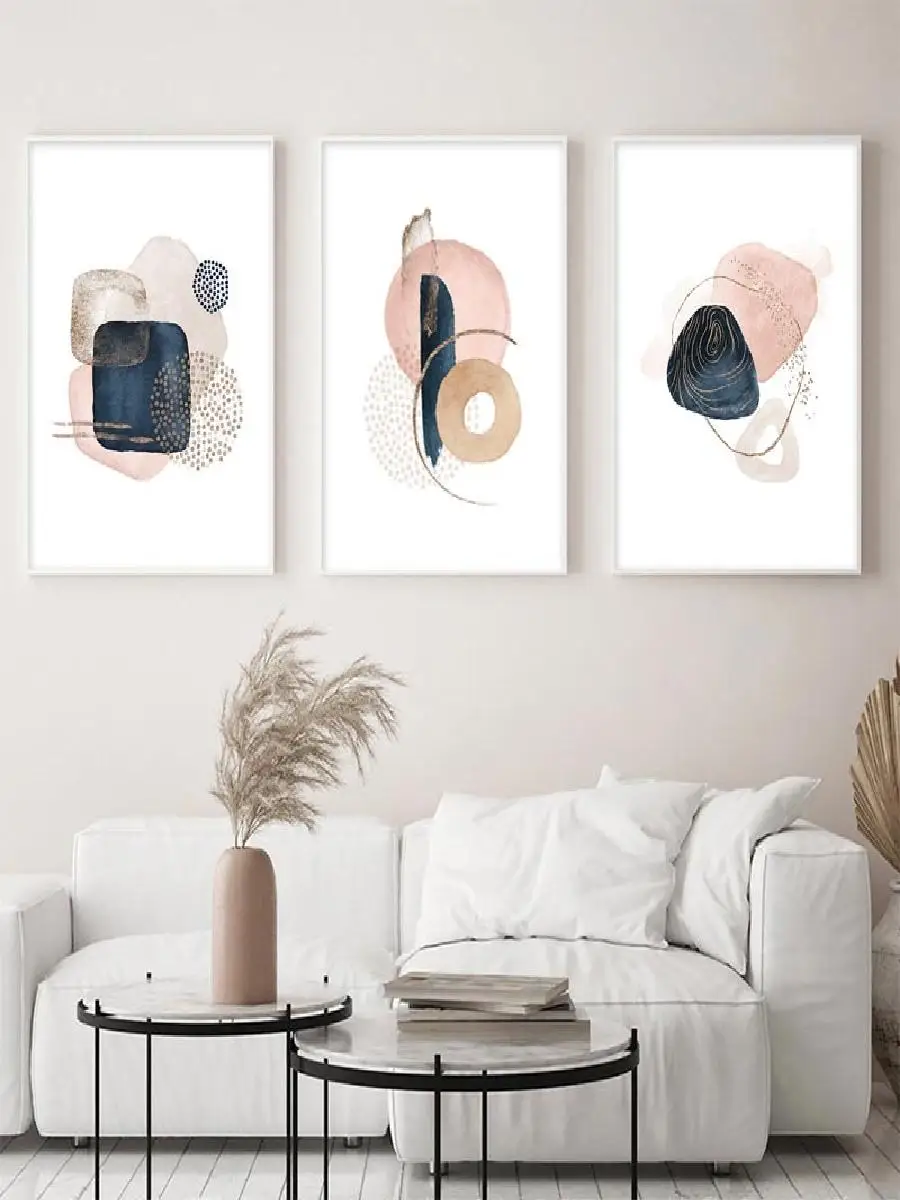 Abstract Watercolor Art Print in Beige Pink Gold Boho Geometric Canvas Painting Modern Wall Decor for Living Room Home Interio - Image 2