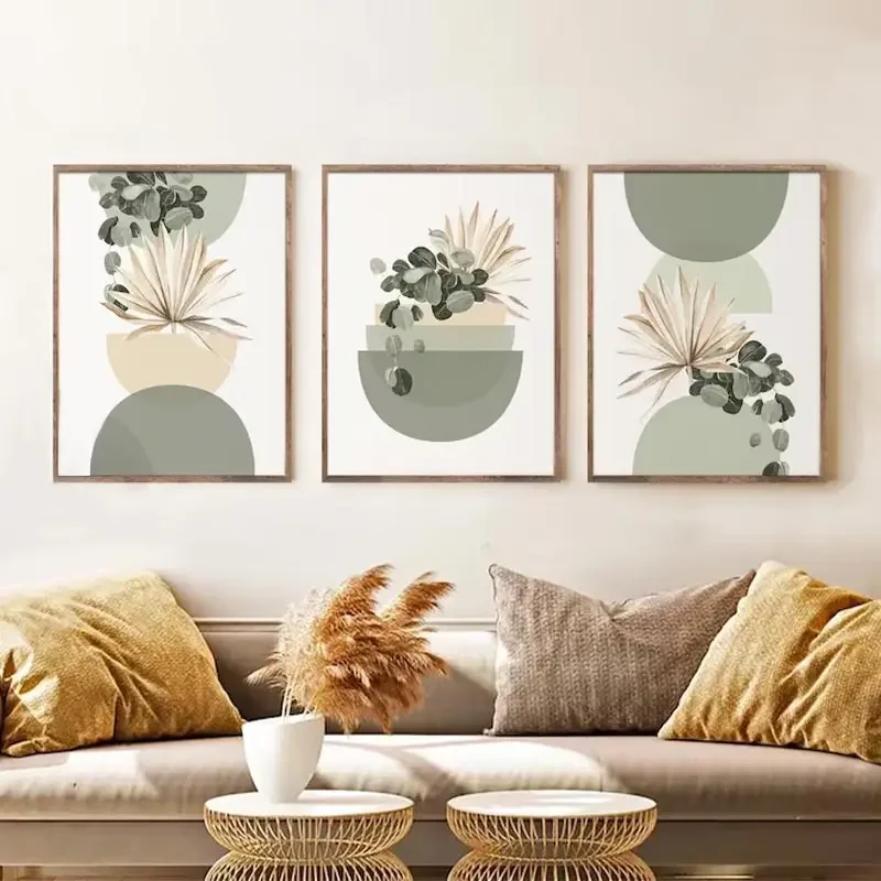 Boho Green Beige Half Circle Colour Block Poster Sage Mid Century Bohemian Canvas Painting Fresh Bedroom Frameless Wall Art - Image 2