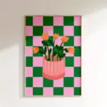 1pc Modern Minimalist Vase Art Print - Pink and Green Checkered Background with Orange Flowers, Unframed Canvas Wall Decor
