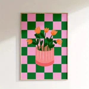 1pc Modern Minimalist Vase Art Print - Pink and Green Checkered Background with Orange Flowers, Unframed Canvas Wall Decor