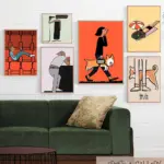 Hair Dryer Poster Humorous Bathroom Illustration with Blowing Hair Figure Pictures Modern Minimal Character Wall Art Print Decor