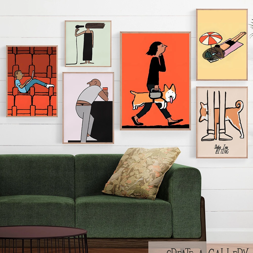 Hair Dryer Poster Humorous Bathroom Illustration with Blowing Hair Figure Pictures Modern Minimal Character Wall Art Print Decor