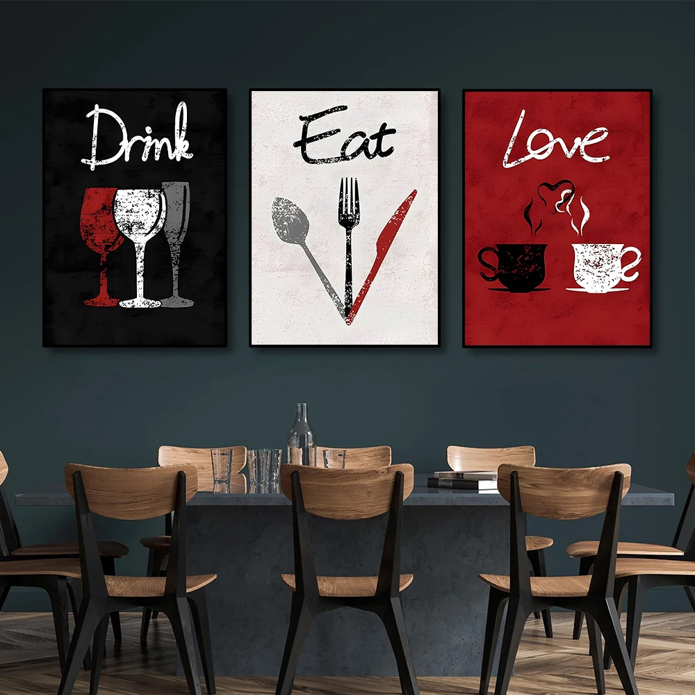 1PC/3PCS Frameless Love Drink Eat Posters Canvas Painting Retro Black Red White Background Diet Wall Art Home Kitchen Decoration - Image 2