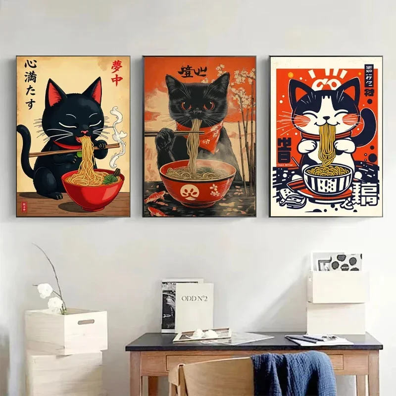 Japanese Cat Eating Noodles Canvas Poster Cat Coffee Bonjour Mon Amour Kitchen Wall Art Prints for Modern Living Room Home Decor - Image 5