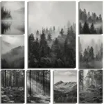 Black White Foggy Pine Tree Forest Mountains Posters and Prints Canvas Painting Wall Art Landscape Pictures for Room Home Decor