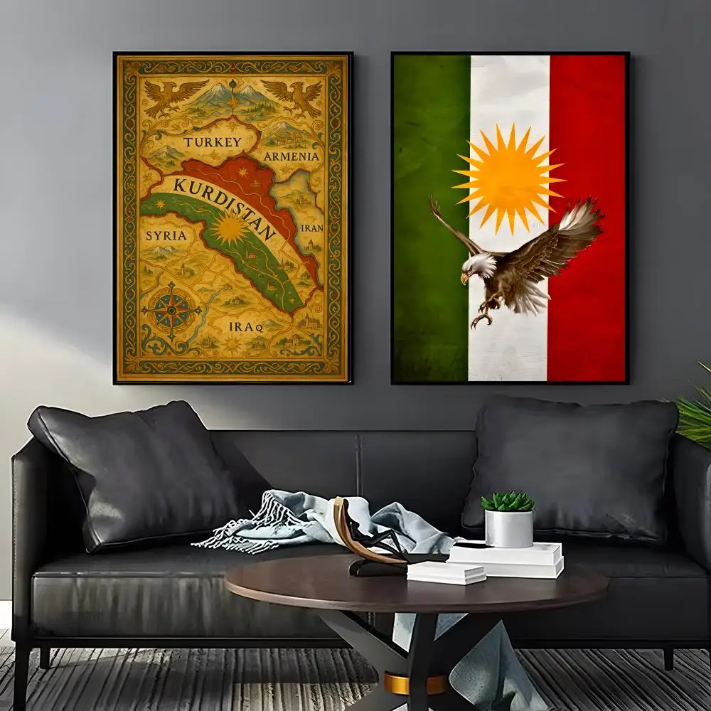 Kurdish flag map Poster Home Living Bed Room Bar Hallway Sticky Wall Art Printing Aesthetic Decor - Image 2