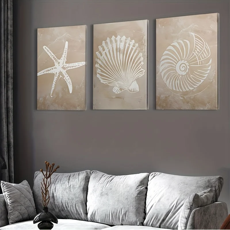 3pcs Modern Geometric Conch and Starfish Wall Decor, Frameless Seaside Charm Canvas Art for Living Room and Bedroom Decor Gifts - Image 4
