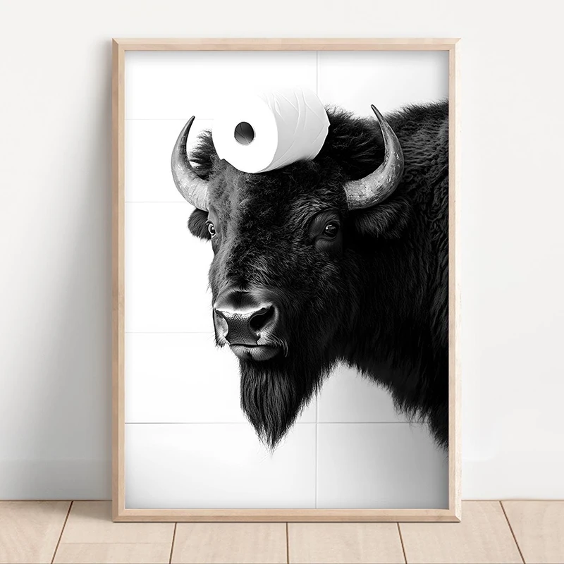 Black White Funny Bathroom Poster Animals with A Toilet Paper Roll on Head Canvas Painting Print Wall Art Picture for Home Decor - Image 5