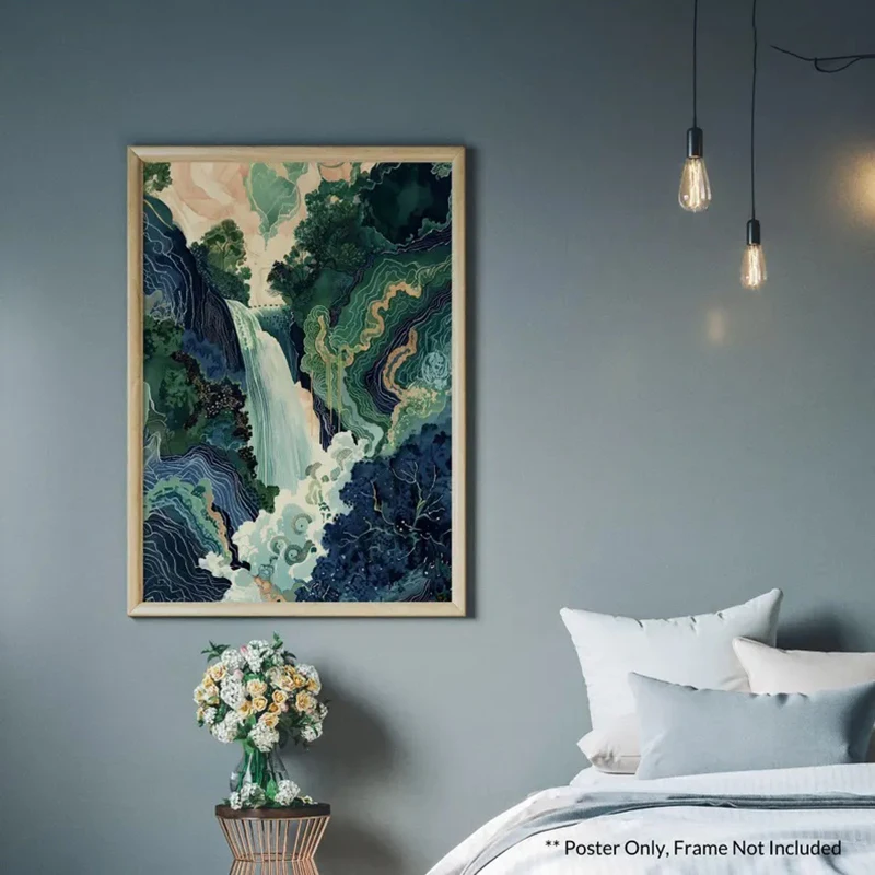 Hokusai Ukiyo-e Blue Green Japanese Waterfall Asian Landscape Poster Canvas Printing Vintage Wall Art Picture Home Room Decor - Image 2