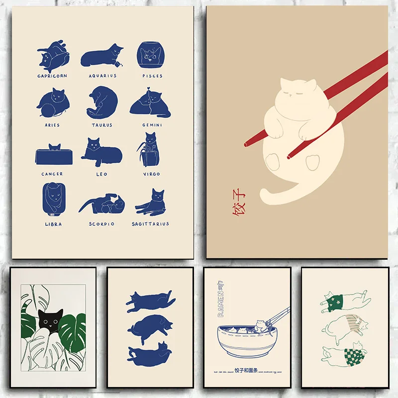 Minimalist Aesthetic Cute Animal Wall Art Illustration Poster Sleepy Kitties Canvas Painting Home Decor Cat Lover Gift