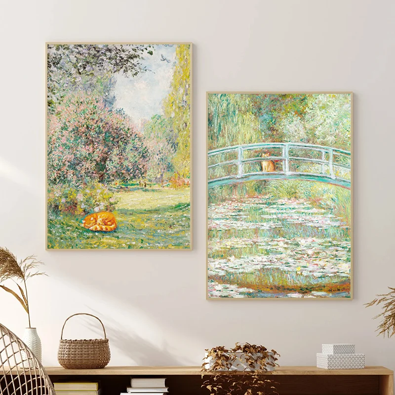 Monet and Van Gogh Cat Posters Funny Kitty Print Floral Animal Painting Wall Art Renowned Artwork Repainted Gallery Decoration - Image 2