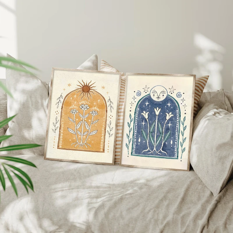 Moon Sun Poster Fine Art Print Bohemian Home Gallery Wall Rustic Hanging Floral Yellow Hippie Decor Handmade - Image 2