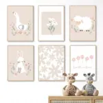 Cartoon Rabbit Goose Sheep Flower Nursery Wall Art Canvas Painting Nordic Girl Posters Prints Pictures for Baby Kids Room Decor