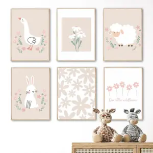 Cartoon Rabbit Goose Sheep Flower Nursery Wall Art Canvas Painting Nordic Girl Posters Prints Pictures for Baby Kids Room Decor