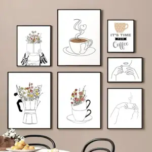 Canvas Painting Cafe Shop Posters Kitchen Wall Decor Nordic Coffee Flowers Wall Art Pictures Print Minimalist Line Coffee Mug