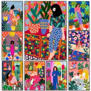 Tropical Colorful Girl Flower Wall Art Canvas Painting Boho Posters And Prints For Living Room Nordic Retro Canvas Painting