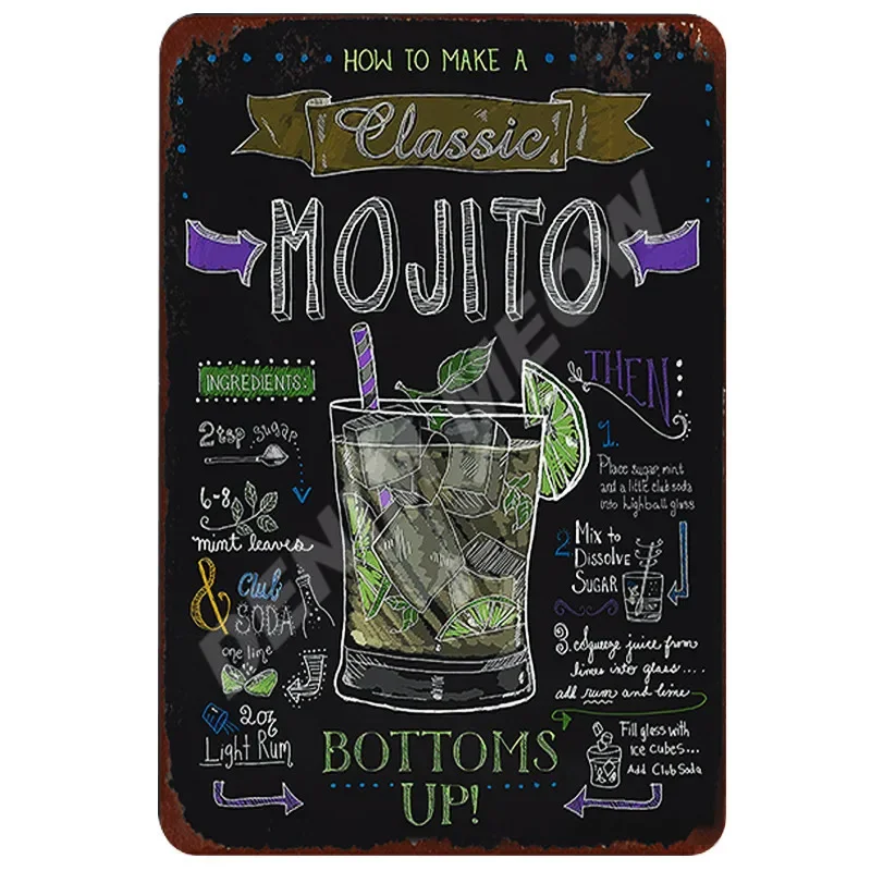 Cocktail Ingredients, Vintage Rum Punch Metal Plates, Mojito Metal Sign, Bloody Mary, Painting Wall Posters, Home Decor, WY50 - Image 5