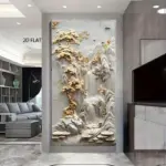 Large Canvas Wall Art Decor - Embossed Wall Art Painting of Waterfall and Pine Trees with Golden Accents, Modern Minimalist Home