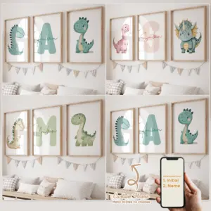 3pcs Personalized Custom Name Cartoon dinosaur Wall Art Print Picture Canvas Poster Painting For Living child Room Home Decor