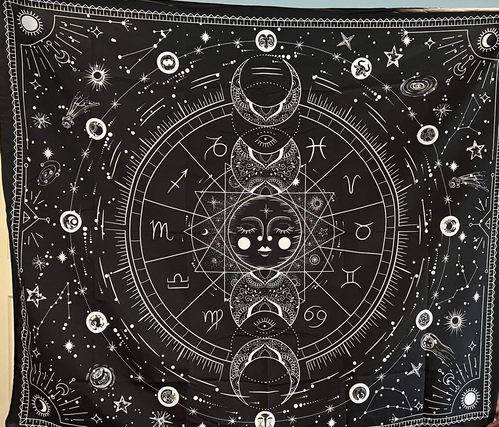 Celestial Zodiac Tapestry 2D Flat Wall Art with Moon Phases and Constellations for Bedroom Living Room Mystical Decor