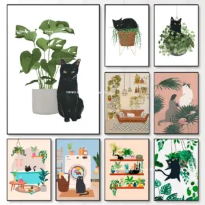 Watercolor Cute Kittens Potted Plant Canvas Print Cartoon Green Plants Animals Wall Art Postes for Modern Living Room Home Decor