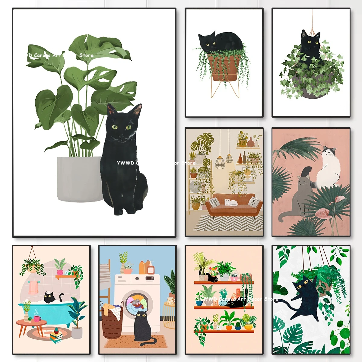 Watercolor Cute Kittens Potted Plant Canvas Print Cartoon Green Plants Animals Wall Art Postes for Modern Living Room Home Decor