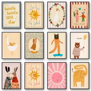 1pcs Frameless Animal Poster Printing Nordic Flower Rabbit Nursery Cool Bear Goose Whimsical Rabbit Printing Room Game Decor