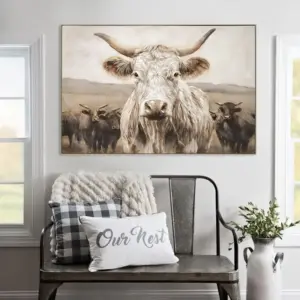 White Highland Cow Canvas Wall Art - Minimalist Animal Print for Living Room and Bedroom Decor, Framed in Solid Wood,