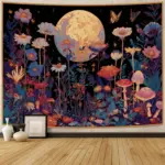 Sun and Moon Tapestry Vintage Bohemian Wall Hanging Moonlit Flower Sea Butterfly Dance Mushroom Tapestry Small Wall Tapestry, Su