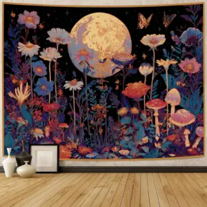 Sun and Moon Tapestry Vintage Bohemian Wall Hanging Moonlit Flower Sea Butterfly Dance Mushroom Tapestry Small Wall Tapestry, Su