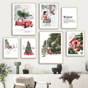 Winter Scenery Canvas Painting Wall Art Pictures Snow Red Car Pine Christmas Tree Gift Posters Prints Living Room Home Decor