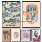 Sardine Art Canvas Print Retro Greek Food Kitchen Maximalist Wall Art Poster for Modern Living Room Dining Room and Home Decor