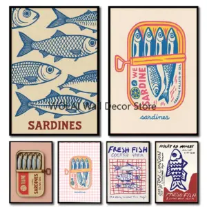 Sardine Art Canvas Print Retro Greek Food Kitchen Maximalist Wall Art Poster for Modern Living Room Dining Room and Home Decor