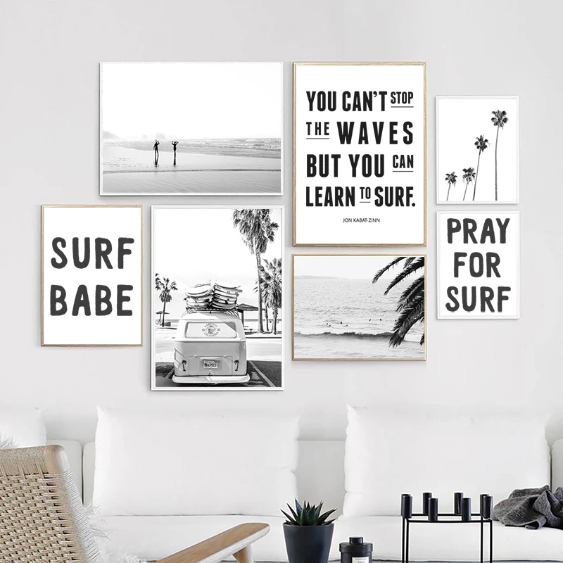 Beach Tropical Landscape Posters Prints Palm Beach Surf Wall Art Canvas Painting Black and White Photography Pictures Home Decor