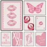 Preppy Pink Lucky Me  Ball Minimalist Retro Poster with Heart Design Trendy Wall Art for Girls Room Decor