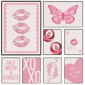 Preppy Pink Lucky Me  Ball Minimalist Retro Poster with Heart Design Trendy Wall Art for Girls Room Decor