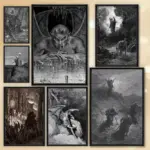 Gustav Dore Satan Paradise Lost Monster Painting Calligraphy Premium Cotton Canvas Poster  Wall Art  for Living Room Decor