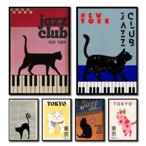 1pc Black Cat with Piano Canvas Art Poster Fortune Cat Simple Canvas Painting Wall Art for Bedroom Living Room Home Office