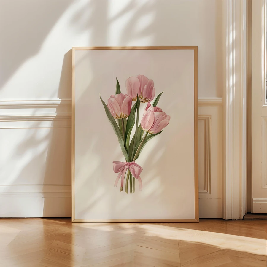 Large Coquette Tulips Bouquet Posters Prints, Pink Girly Aesthetic Wall art, Room Decor Y2k Cute Girly Home Decor No Frame - Image 3